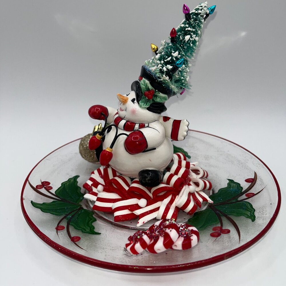 Vintage Ceramic Snowman With Bottle Brush Tree String Light Hat Candy Cane OOAK - Picture 4 of 16